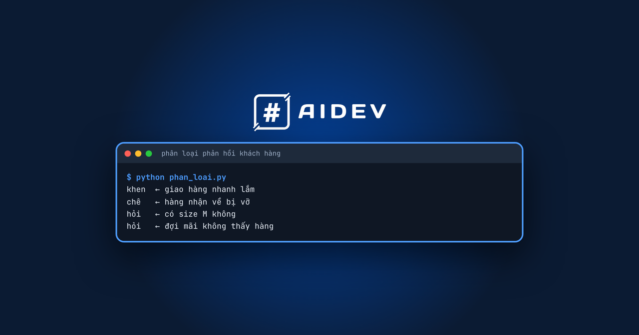 Logo AIDev trên nền xanh đậm, bên dưới là cửa sổ terminal chạy phan_loai.py xếp phản hồi khách hàng thành khen, chê, hỏi