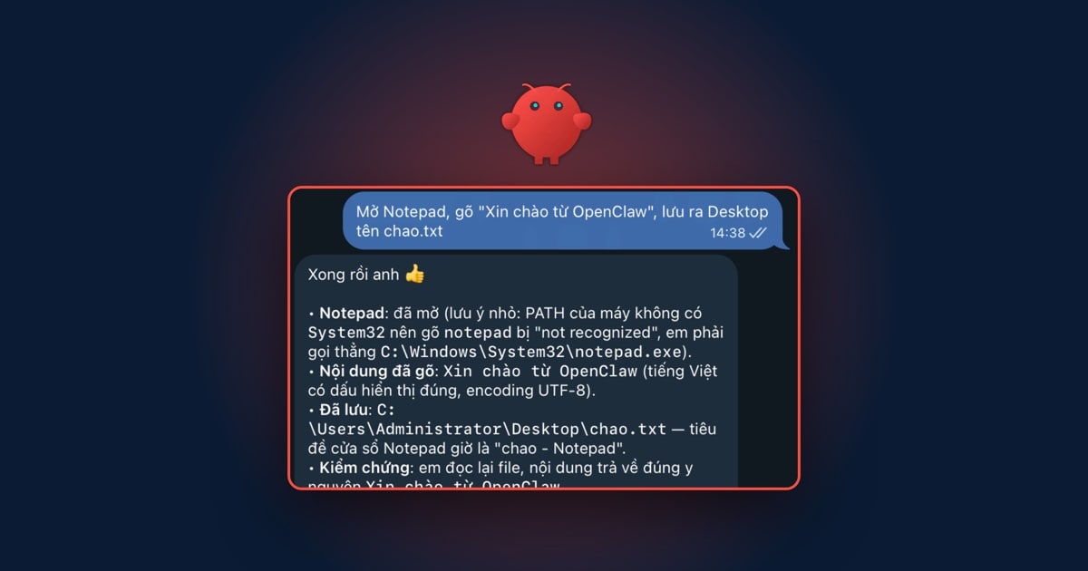 Linh vật tôm hùm OpenClaw phía trên ảnh chat Telegram nhờ trợ lý mở Notepad và lưu file