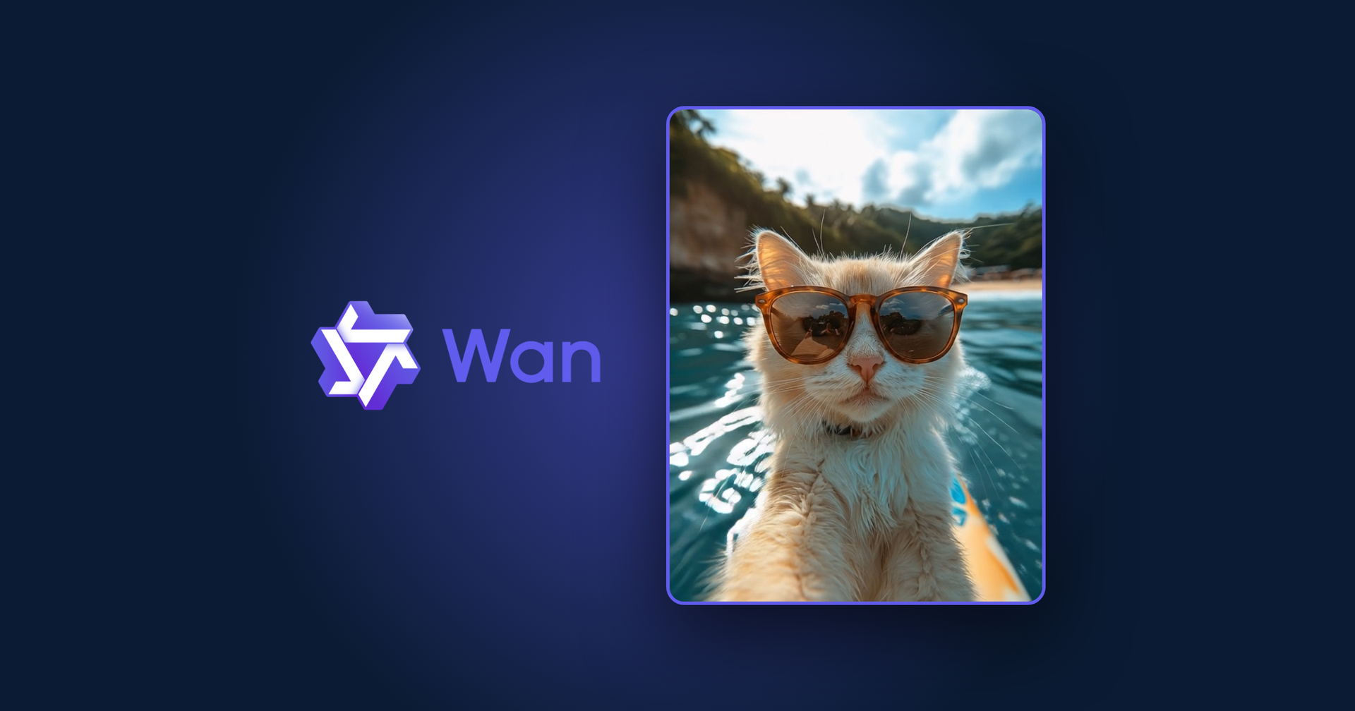 Logo Wan cạnh khung hình clip AI: mèo đeo kính râm ngồi trên ván lướt