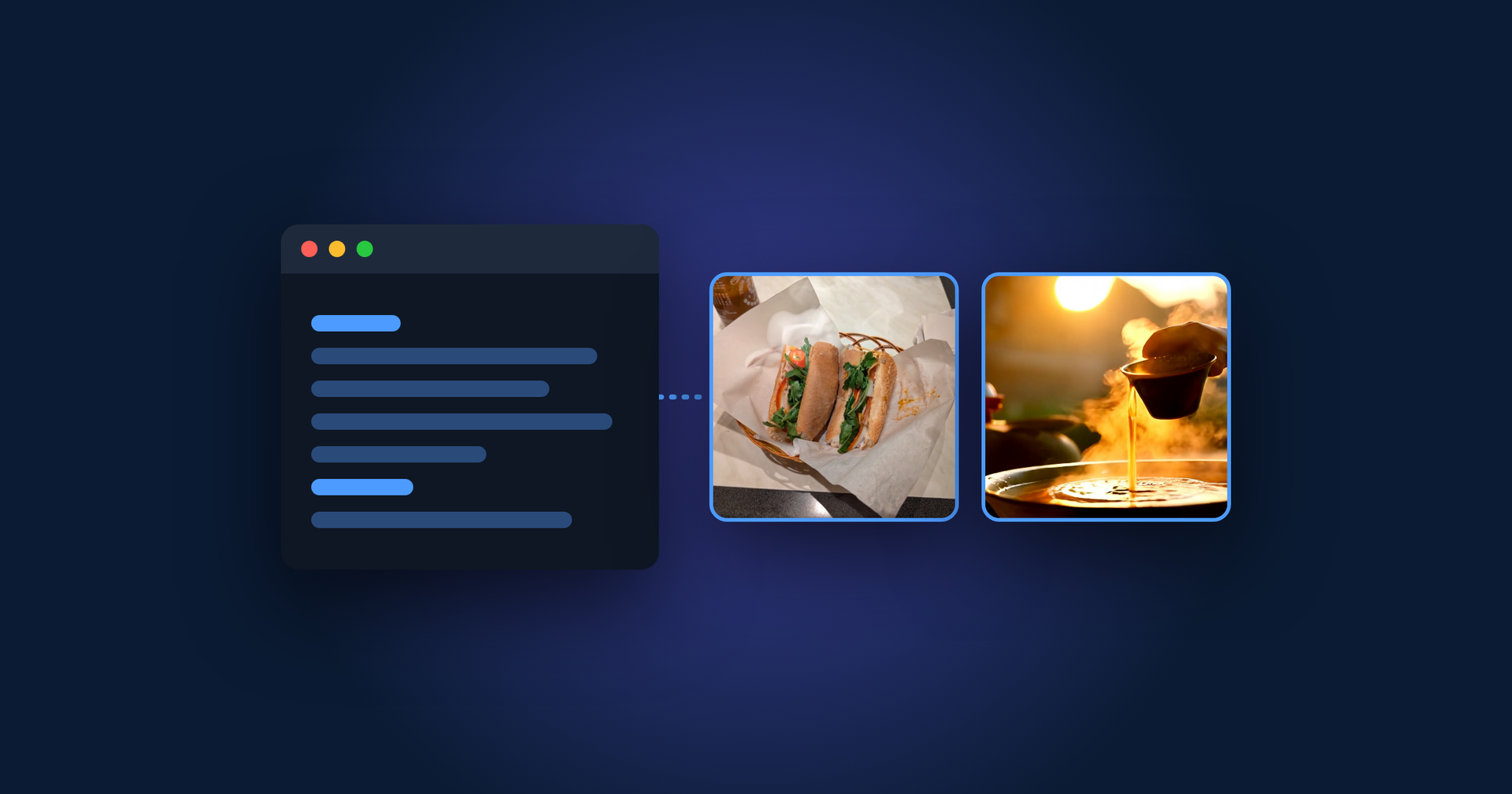 Terminal và hai khung hình clip Wan 2.2 (bánh mì, phở) trên nền xanh tím