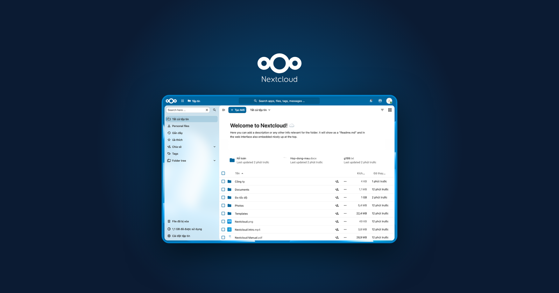Logo Nextcloud trắng phía trên ảnh chụp giao diện Files của Nextcloud tự host, có thư mục Công ty, Documents, Photos trên nền xanh đậm