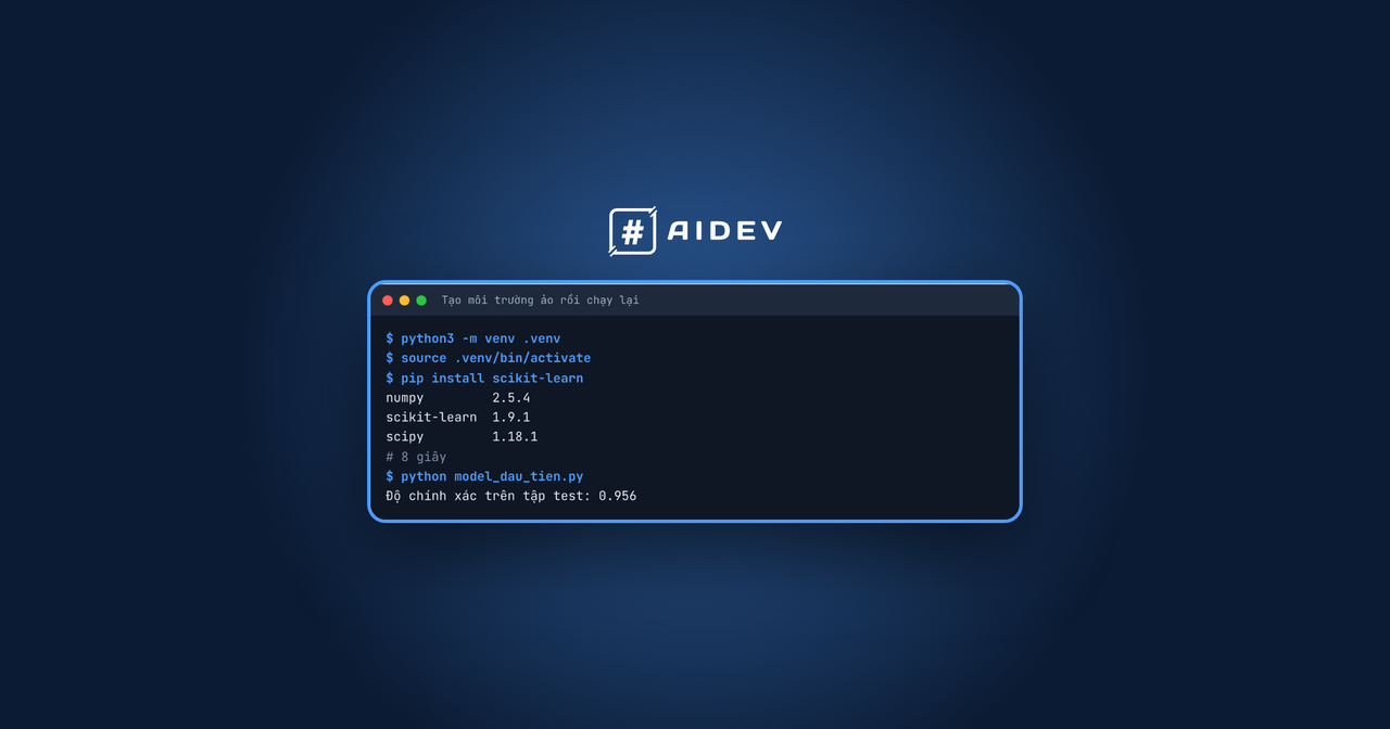 Cửa sổ terminal tạo môi trường ảo, cài scikit-learn và chạy model đầu tiên đạt độ chính xác 0.956, dưới logo AIDev