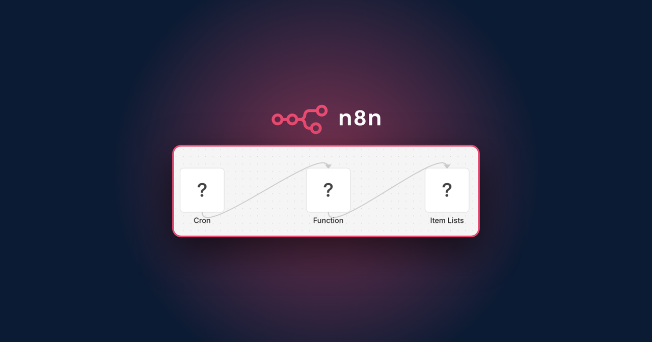 Logo n8n và ba node Cron, Function, Item Lists thành dấu hỏi trên bản 3.0