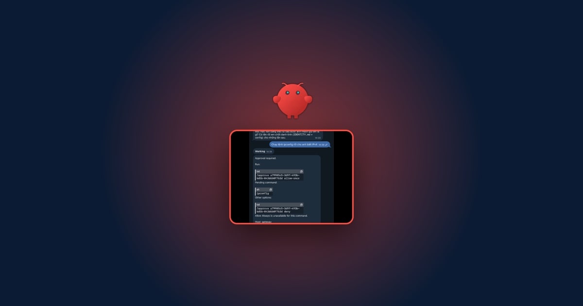 Linh vật tôm hùm OpenClaw phía trên ảnh Telegram duyệt lệnh của trợ lý