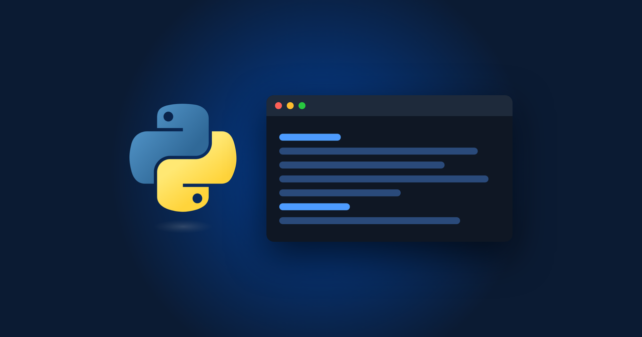 Logo Python xanh vàng đặt cạnh cửa sổ trình soạn code trên nền xanh đậm