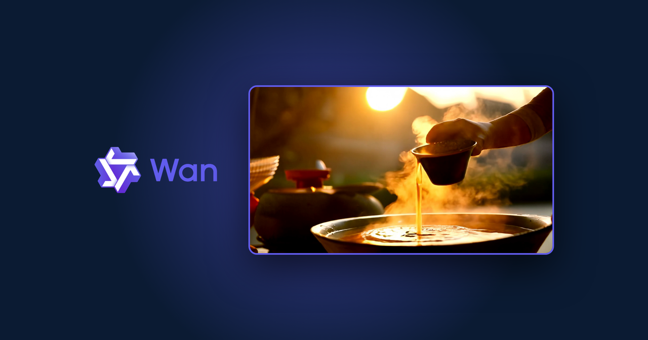 Logo Wan cạnh khung hình clip AI: nước dùng phở rót trong nắng sớm, tạo bằng Wan 2.2 trên RTX 3090