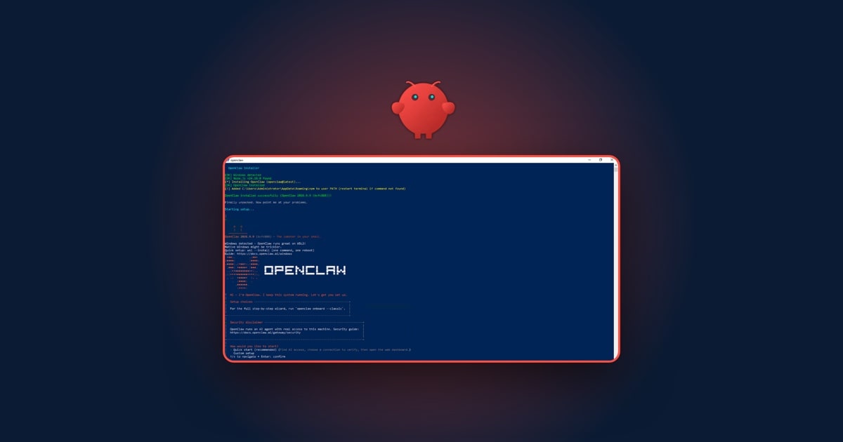 Linh vật tôm hùm OpenClaw phía trên ảnh chụp trình cài OpenClaw chạy xong trong PowerShell trên Windows