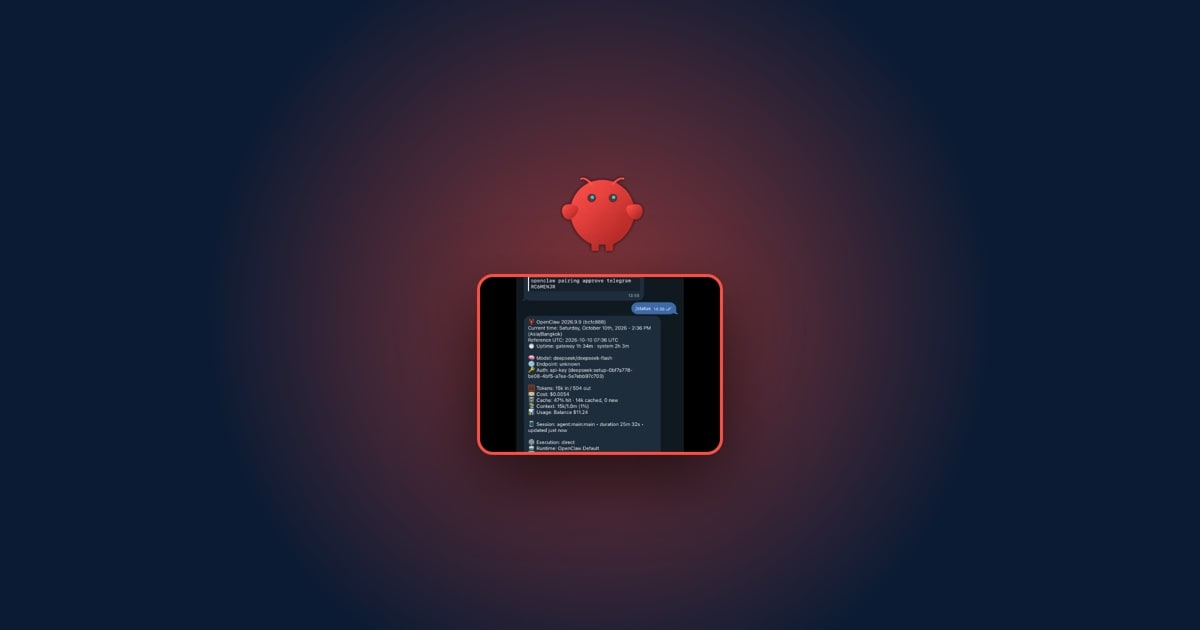 Linh vật tôm hùm OpenClaw phía trên ảnh lệnh /status trên Telegram hiện token và chi phí