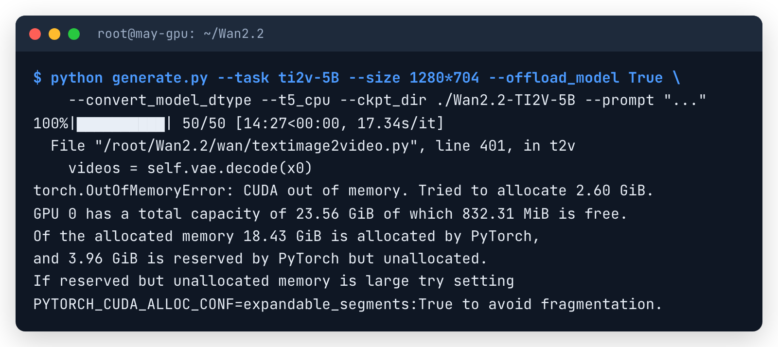 Terminal máy RTX 3090: generate.py chạy TI2V-5B đủ 50/50 bước trong 14 phút 27 giây, rồi báo torch.OutOfMemoryError tại self.vae.decode(x0), gợi ý PYTORCH_CUDA_ALLOC_CONF=expandable_segments:True