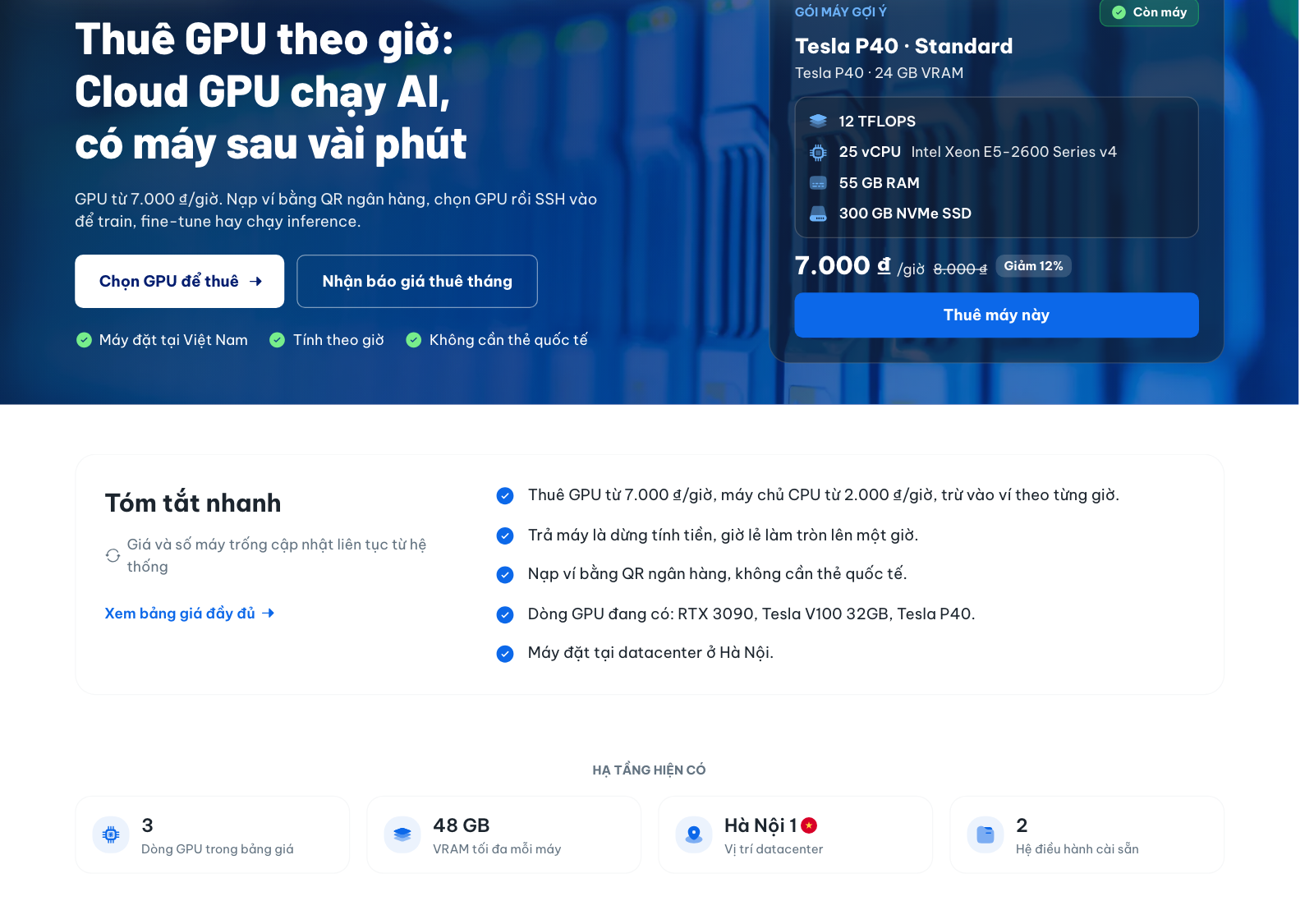 Trang AIDev Cloud ngày 13/10/2026: thuê GPU từ 7.000đ/giờ, gói Tesla P40 Standard 24GB VRAM, tóm tắt trả máy là dừng tính tiền, giờ lẻ làm tròn lên một giờ, nạp ví bằng QR ngân hàng