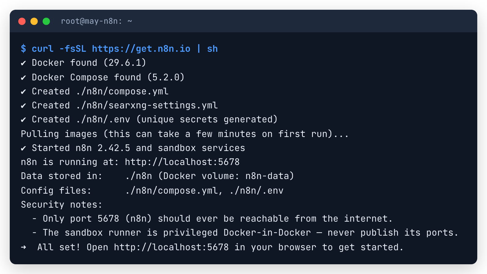 Terminal cài n8n 2.42.5 bằng lệnh get.n8n.io: tạo compose.yml, .env, khởi động n8n tại localhost:5678