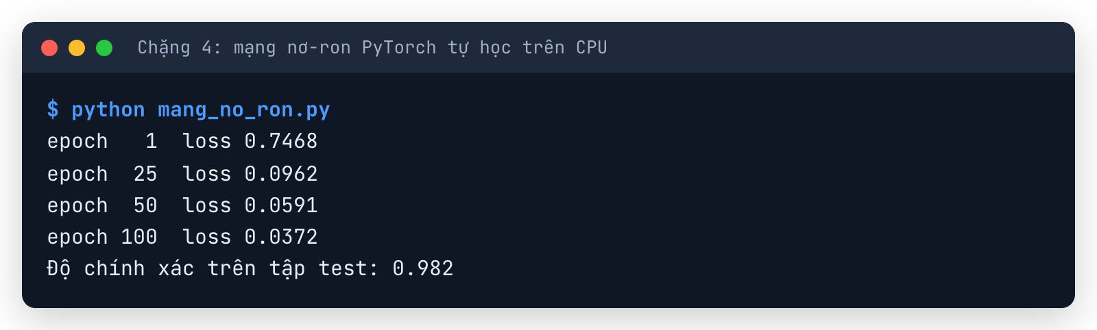 Terminal train mạng nơ-ron PyTorch trên CPU: loss giảm từ 0,7468 ở epoch 1 xuống 0,0372 ở epoch 100, độ chính xác trên tập test 0.982