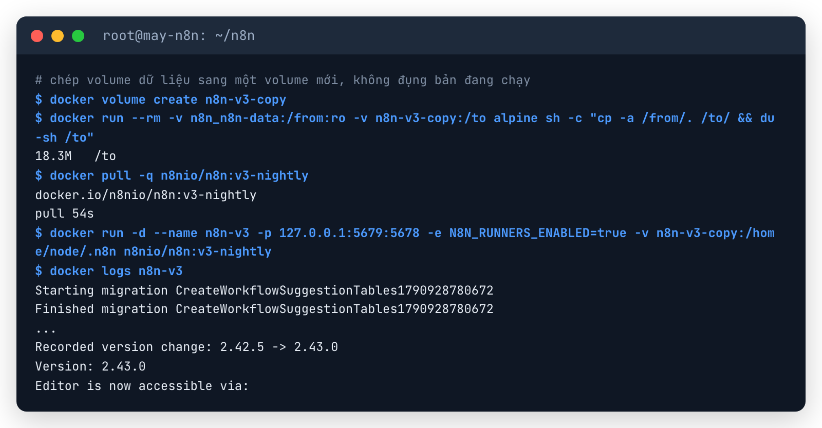 Chạy n8n v3-nightly trên bản sao volume 18,3MB: kéo image 54 giây, migration, Recorded version change 2.42.5 -> 2.43.0