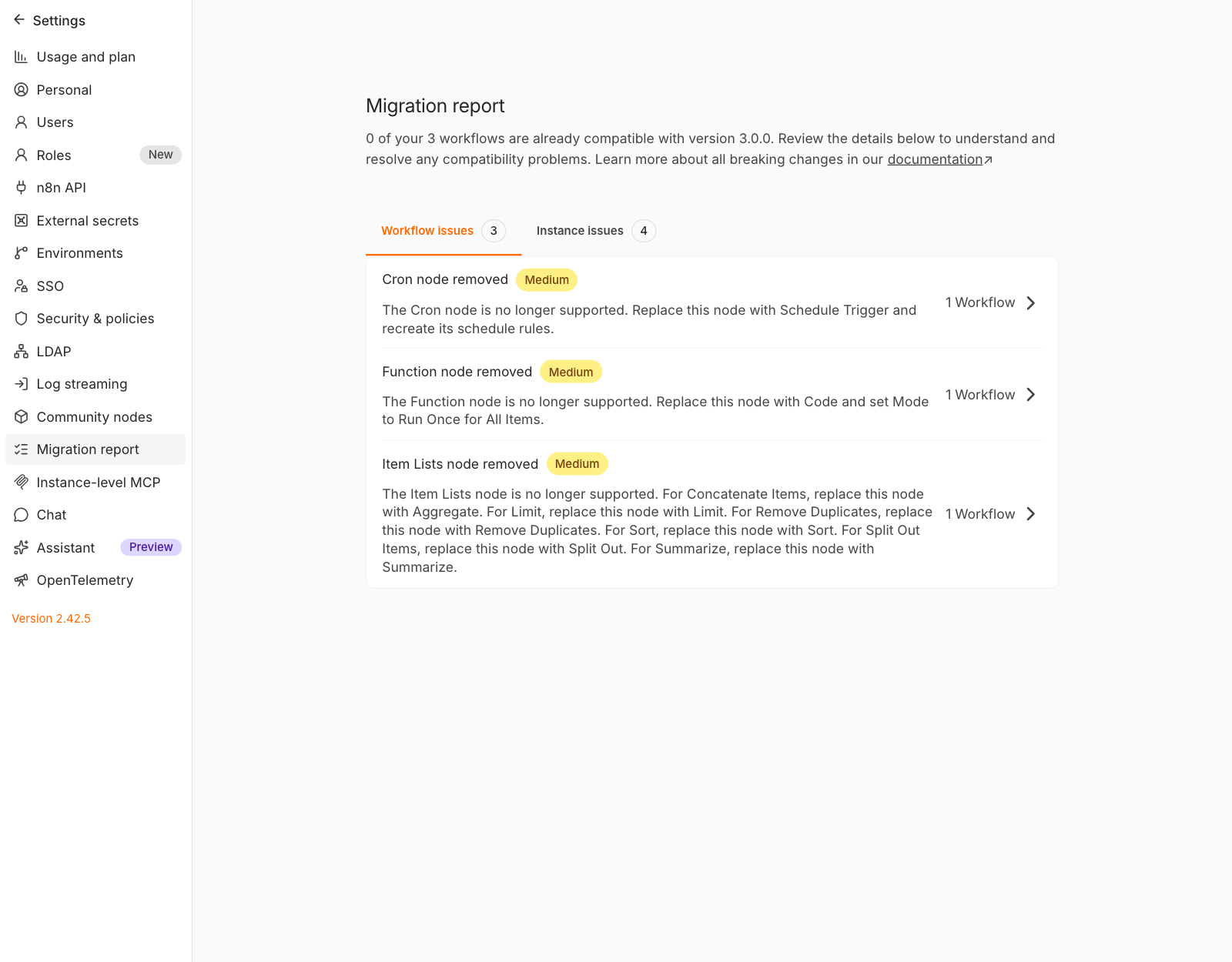 Trang Migration report của n8n 2.42.5 báo Cron, Function, Item Lists sẽ bị xóa ở bản 3.0 và cách thay