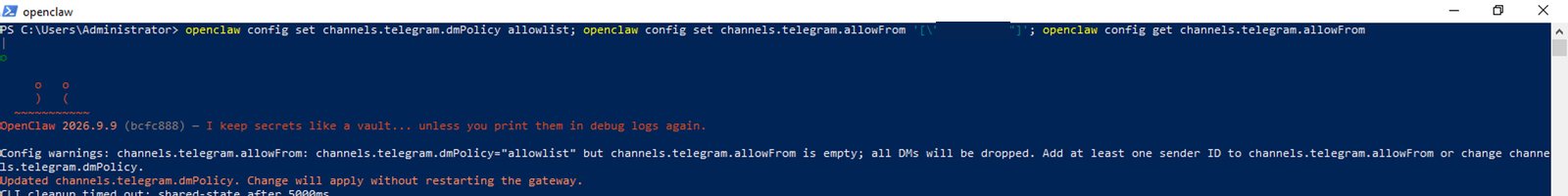 Lệnh đặt dmPolicy allowlist và allowFrom cho Telegram, ID đã che, kèm cảnh báo khi allowFrom còn trống