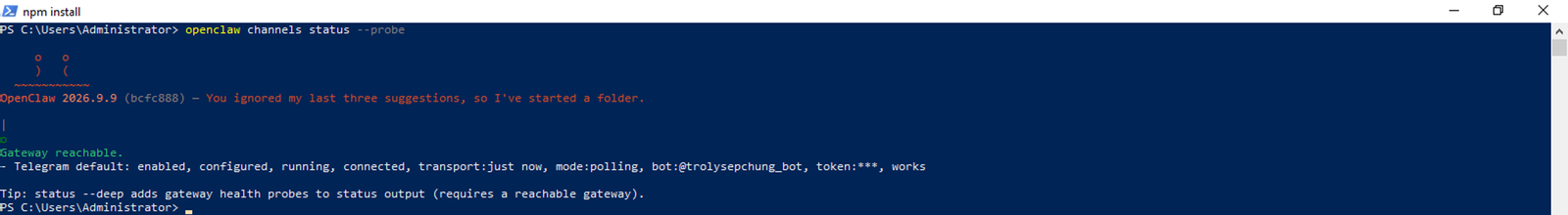openclaw channels status --probe báo Telegram default enabled, configured, running, connected, mode polling, works
