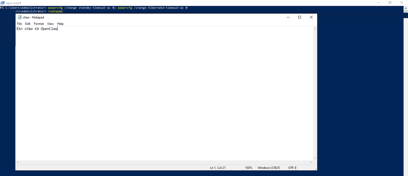 Màn hình máy Windows sau khi OpenClaw làm xong: Notepad mở file chao.txt với dòng Xin chào từ OpenClaw, mã hóa UTF-8