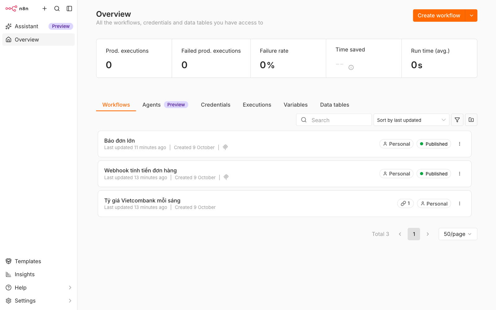 Danh sách workflow trong n8n: Báo đơn lớn và Webhook tính tiền đơn hàng có biểu tượng MCP và trạng thái Published, Tỷ giá Vietcombank mỗi sáng không có