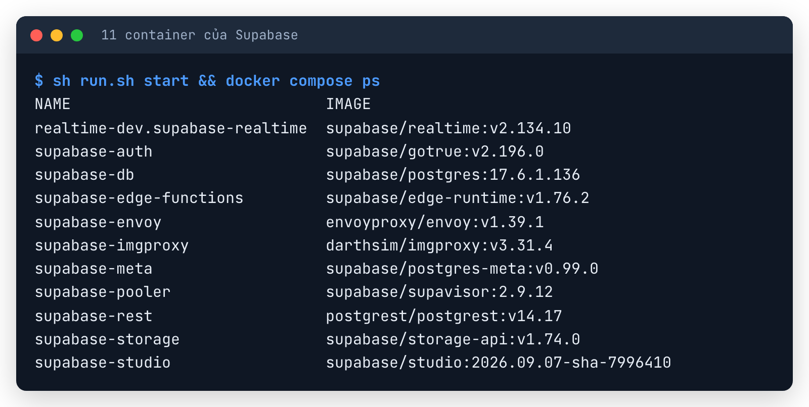 Terminal docker compose ps của Supabase tự host: 11 container gồm realtime, auth, db, edge-functions, envoy, imgproxy, meta, pooler, rest, storage, studio kèm phiên bản image