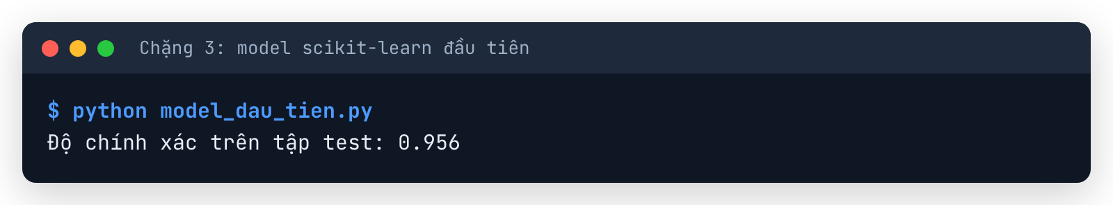 Terminal chạy model scikit-learn đầu tiên: độ chính xác trên tập test 0.956
