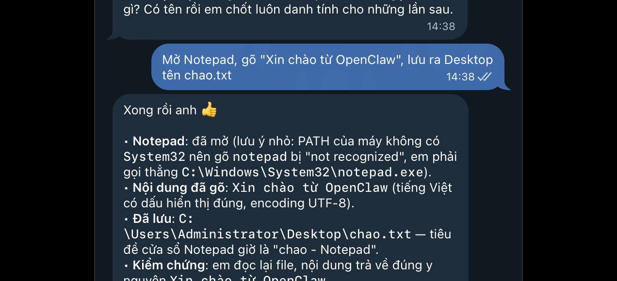 Telegram báo OpenClaw đã mở Notepad, gõ đúng chữ tiếng Việt có dấu và lưu file chao.txt ra Desktop