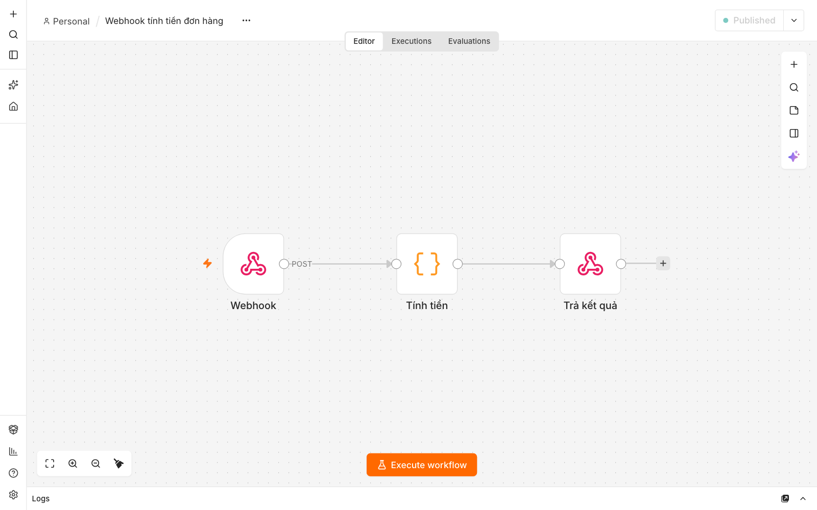 Workflow trong n8n gồm 3 node: Webhook nhận POST, Code tính tiền, Respond to Webhook trả kết quả