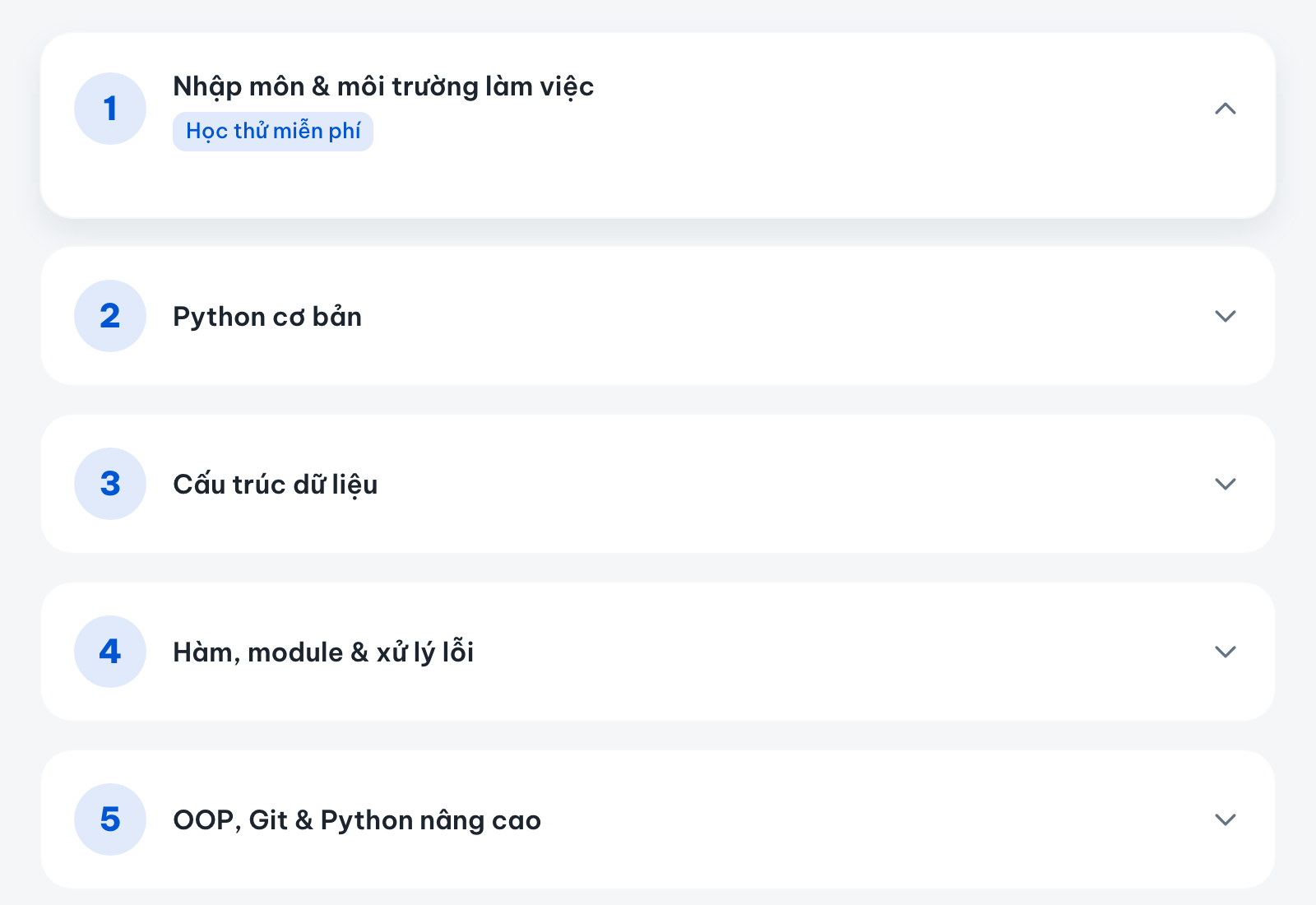Năm chương khóa Python từ số 0 của AIDev: Nhập môn và môi trường làm việc có nhãn học thử miễn phí, Python cơ bản, Cấu trúc dữ liệu, Hàm module và xử lý lỗi, OOP Git và Python nâng cao