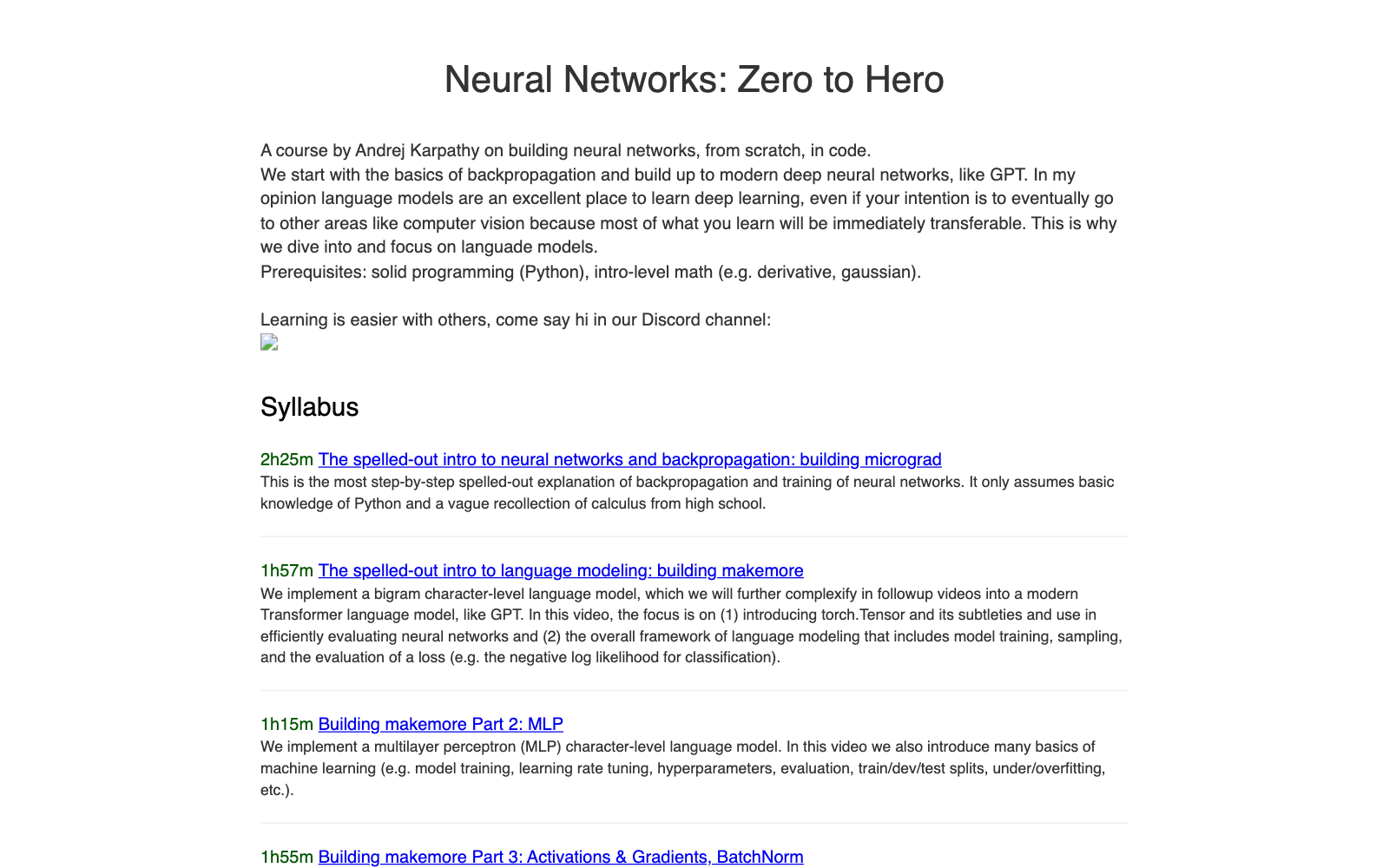 Trang Neural Networks: Zero to Hero của Andrej Karpathy với điều kiện đầu vào và danh sách video kèm thời lượng 2h25m, 1h57m, 1h15m
