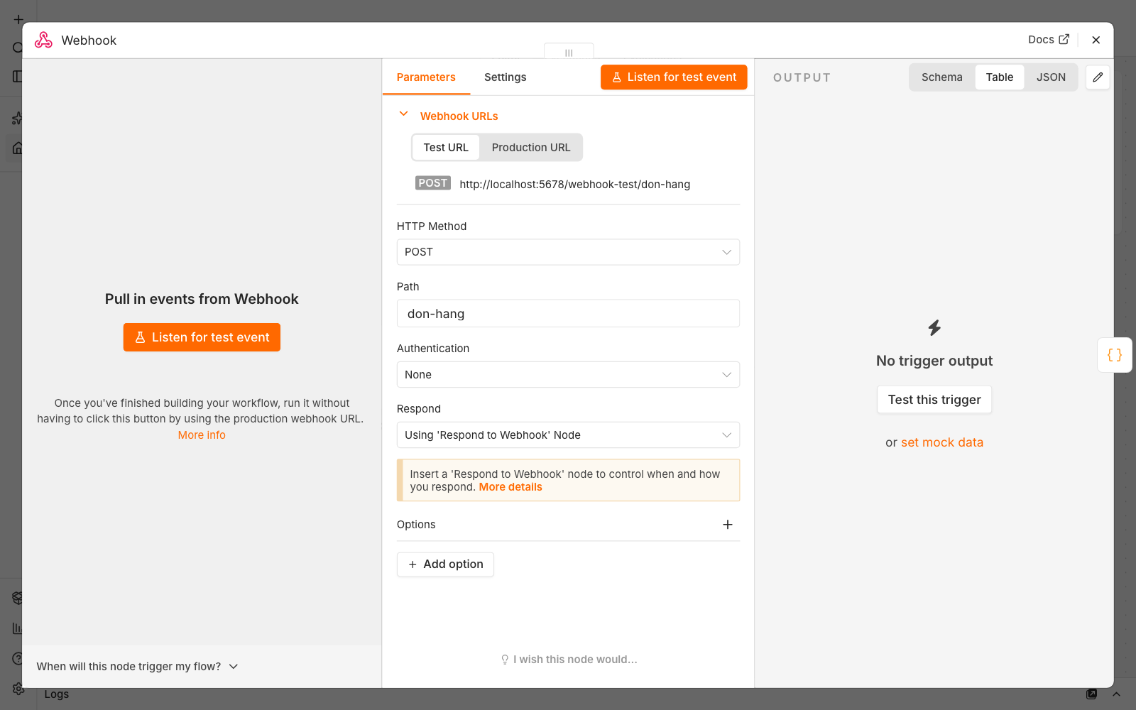 Node Webhook trong n8n chưa đặt địa chỉ: Test URL là http://localhost:5678/webhook-test/don-hang