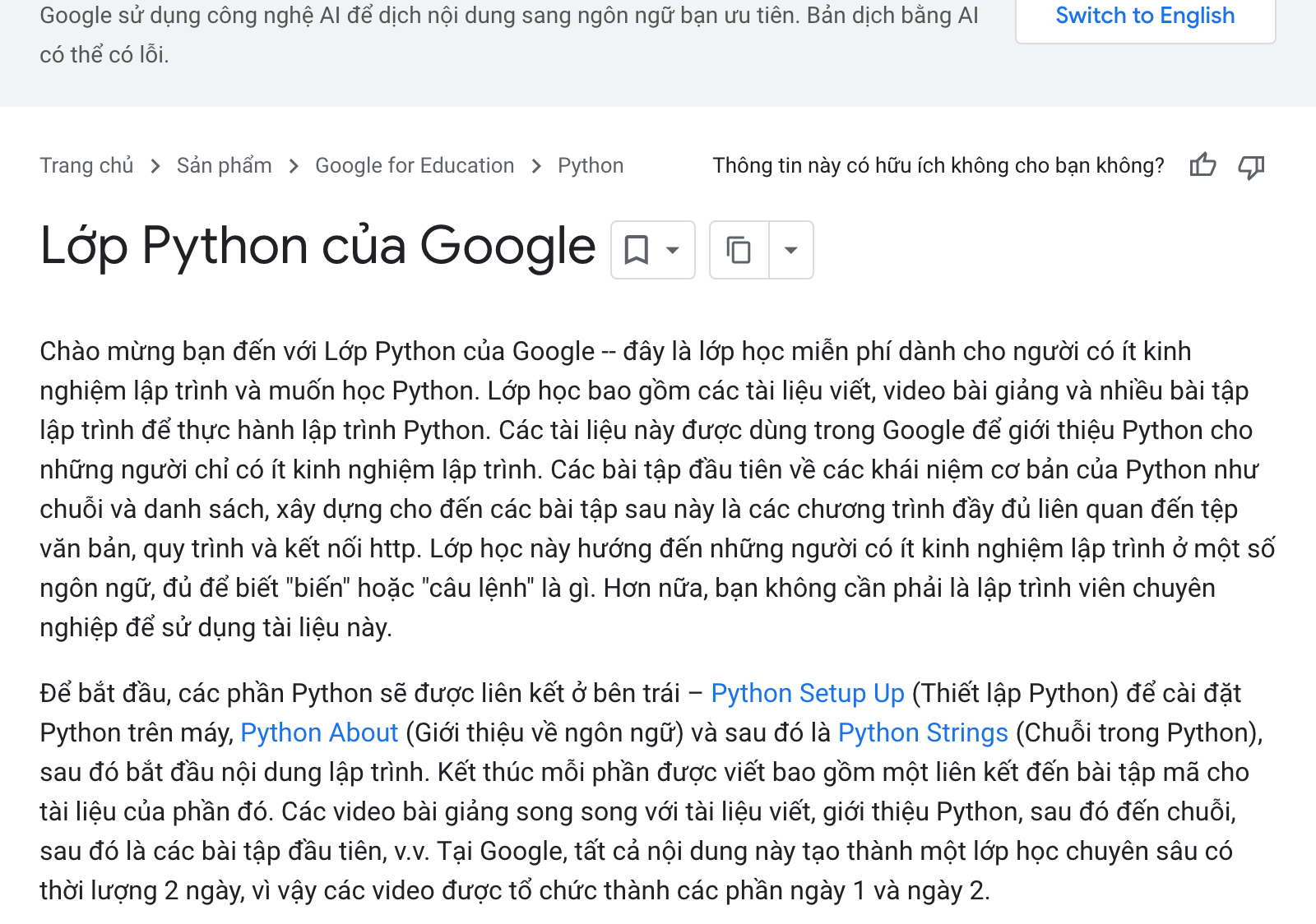 Trang Lớp Python của Google bản tiếng Việt ngày 14/10/2026: dòng ghi Google dùng AI để dịch và bản dịch có thể có lỗi, đoạn giới thiệu lớp miễn phí cho người có ít kinh nghiệm lập trình, lớp 2 ngày