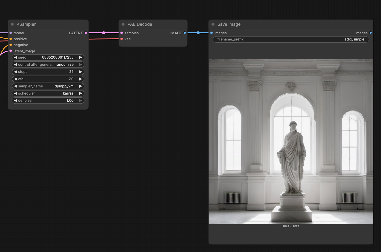 Nửa sau workflow SDXL: KSampler với steps 25, cfg 7.0, sampler dpmpp_2m, scheduler karras, nối vào VAE Decode và Save Image hiện ảnh tượng đá 1024x1024