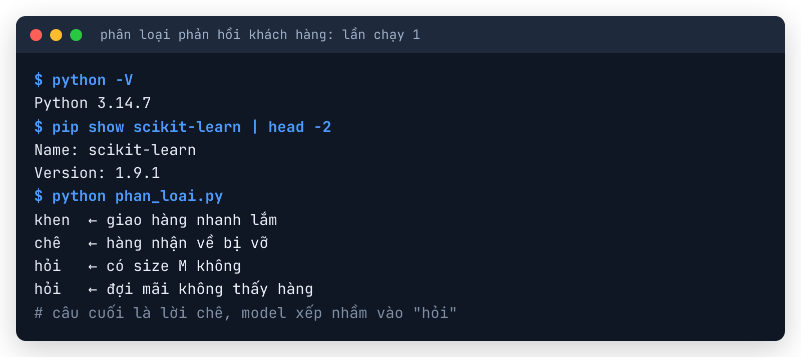 Terminal chạy model phân loại phản hồi lần 1 với Python 3.14.7 và scikit-learn 1.9.1: đúng ba câu đầu, câu đợi mãi không thấy hàng bị xếp nhầm vào nhóm hỏi