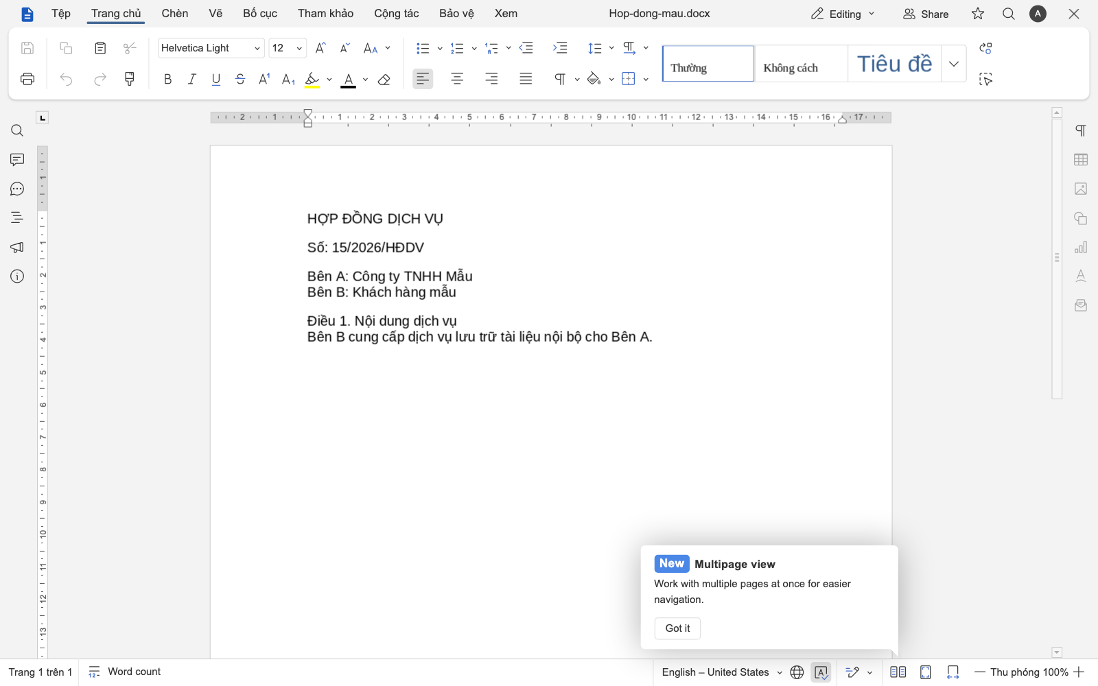 Euro-Office trong Nextcloud mở file Hop-dong-mau.docx, menu Trang chủ, Chèn, Bố cục bằng tiếng Việt, nội dung HỢP ĐỒNG DỊCH VỤ với Bên A, Bên B, Điều 1