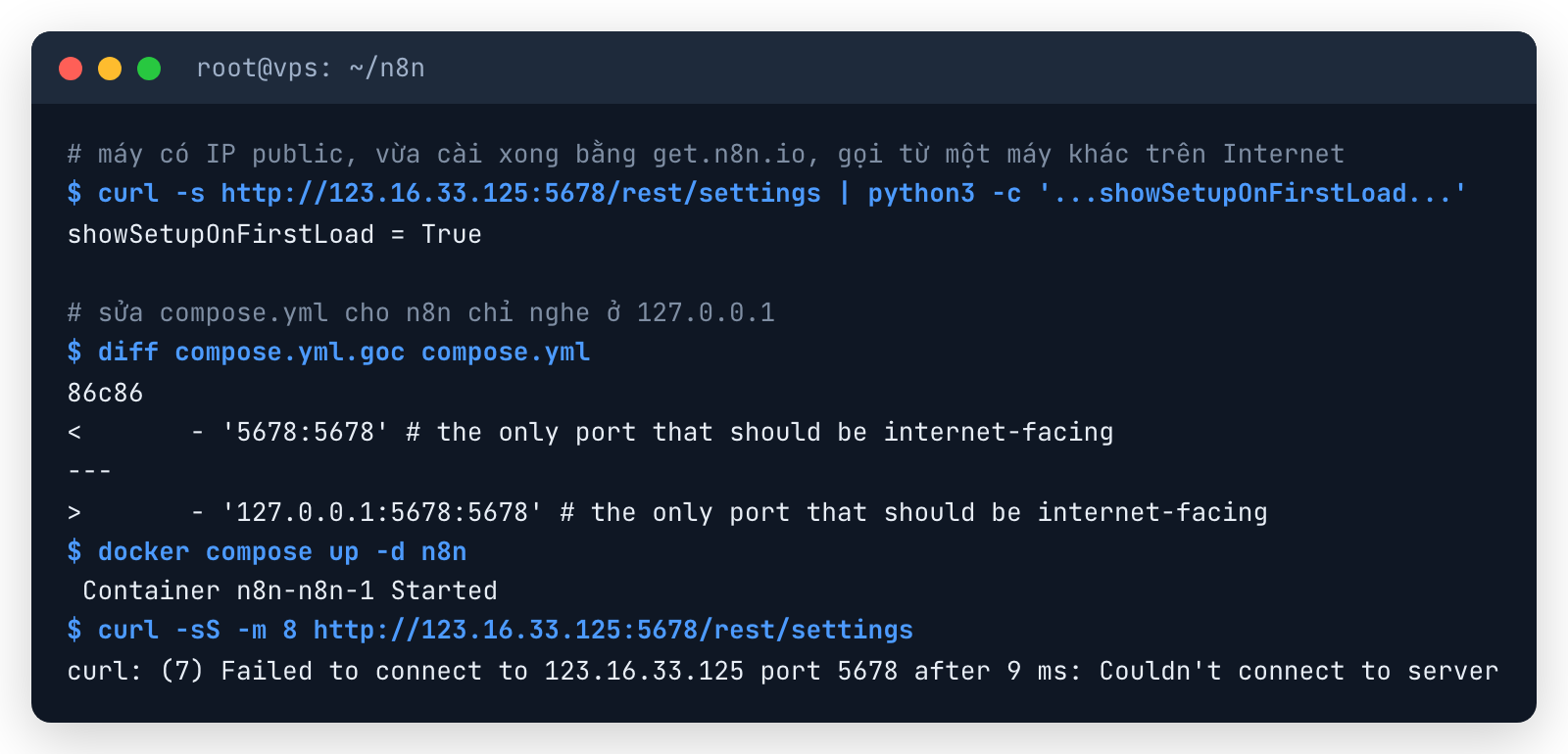 Trước khi sửa, n8n trả showSetupOnFirstLoad True từ Internet; sau khi đổi sang 127.0.0.1, curl báo Failed to connect