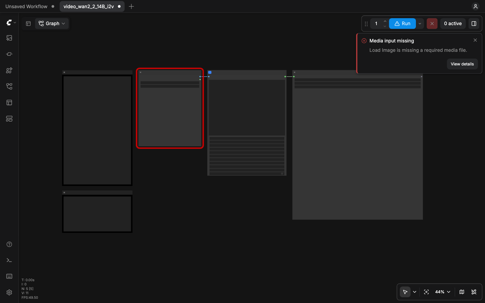 Workflow Wan 2.2 14B Image to Video vừa mở từ Templates, góc phải báo đỏ Media input missing, Load Image is missing a required media file
