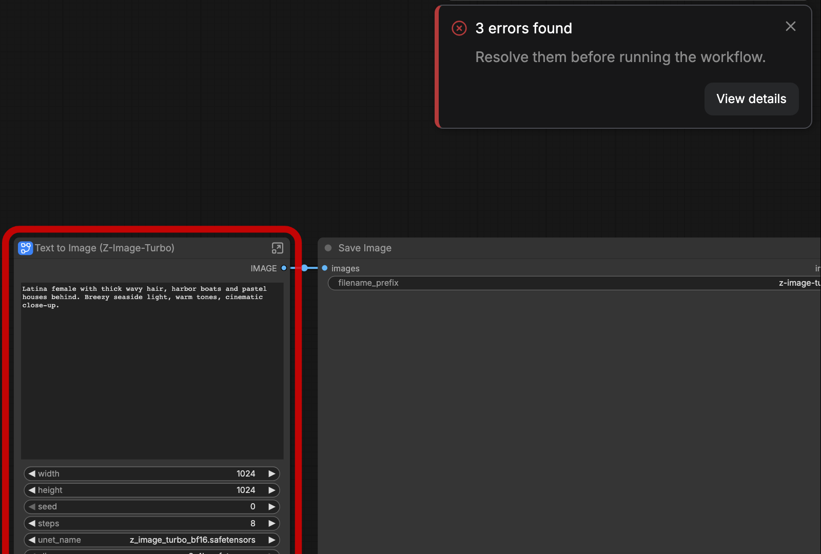 Giao diện ComfyUI báo 3 errors found, Resolve them before running the workflow, khi chưa tải model cho workflow Z-Image-Turbo