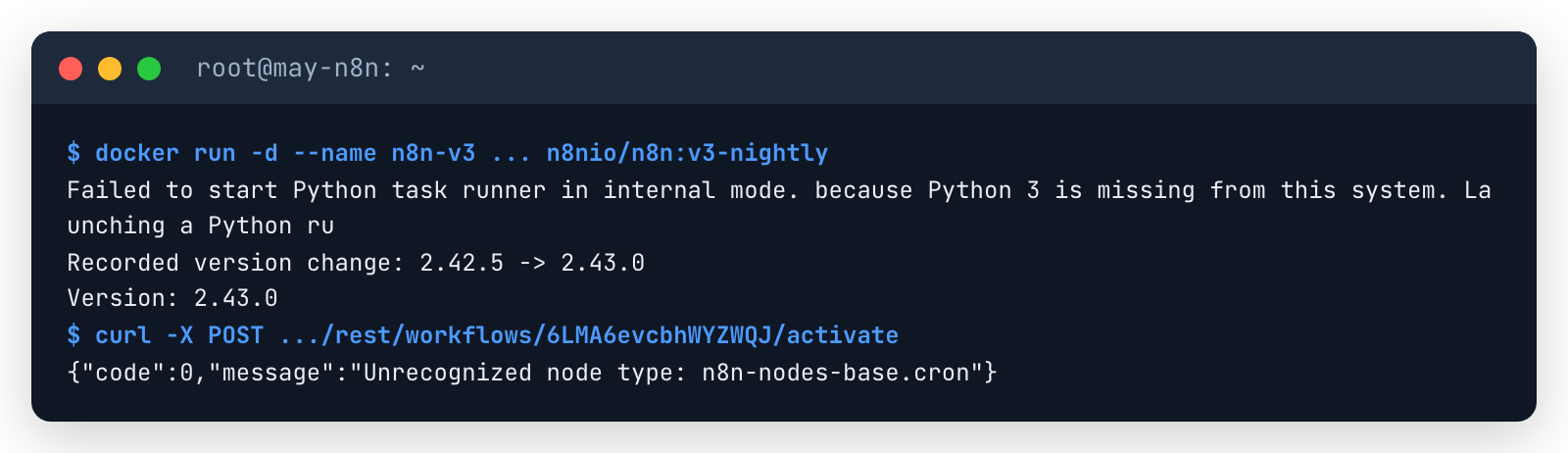 Terminal n8n v3-nightly: cảnh báo thiếu Python cho task runner, phiên bản 2.43.0, lỗi Unrecognized node type khi publish workflow cũ