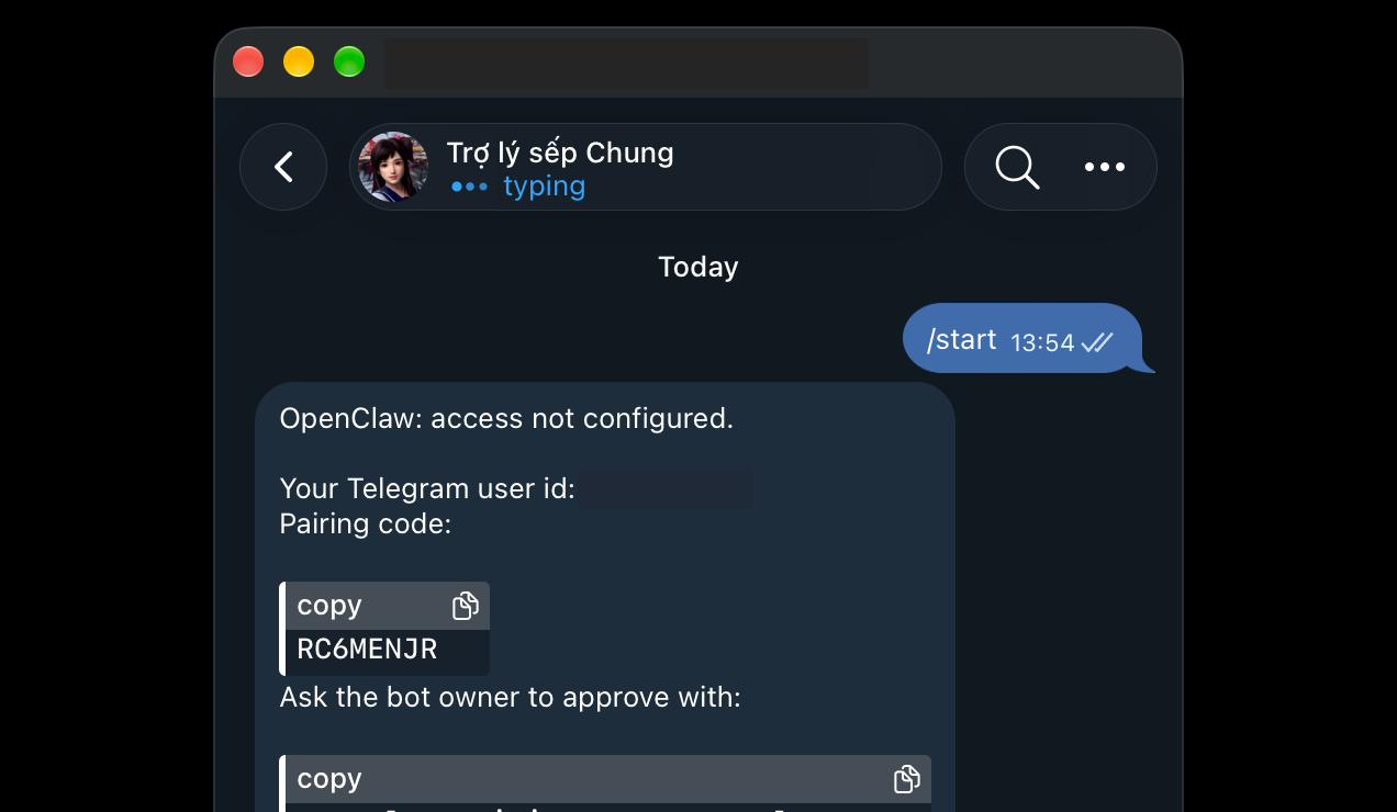 Bot trả lời /start bằng OpenClaw access not configured, ID Telegram đã che và mã ghép cặp RC6MENJR
