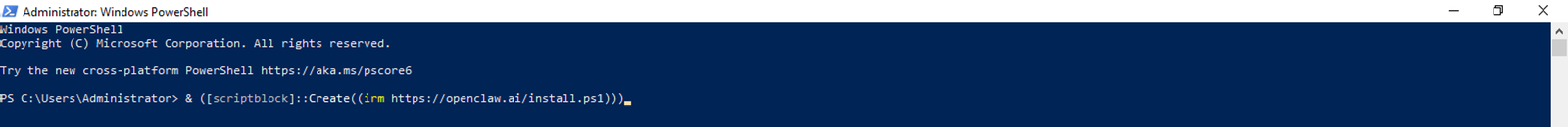 Lệnh cài OpenClaw đúng dạng scriptblock gõ trong PowerShell quyền Administrator