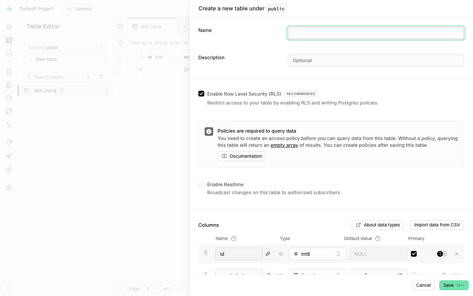 Hộp Create a new table trong Supabase Studio với ô Enable Row Level Security (RLS) đã tick sẵn và nhãn RECOMMENDED