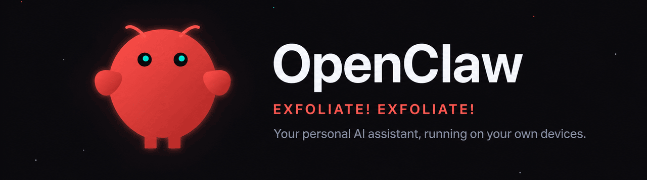 Banner chính thức của OpenClaw trên GitHub: linh vật tôm hùm đỏ, chữ OpenClaw và khẩu hiệu EXFOLIATE! EXFOLIATE!