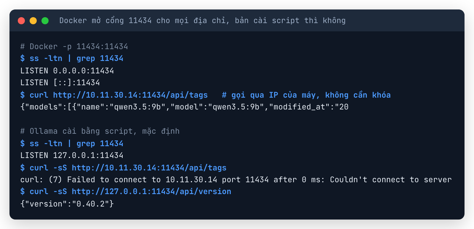 Terminal so sánh: Docker -p 11434:11434 nghe 0.0.0.0, gọi qua IP máy trả danh sách model không cần khóa; Ollama cài bằng script nghe 127.0.0.1, gọi qua IP máy báo curl (7) Failed to connect