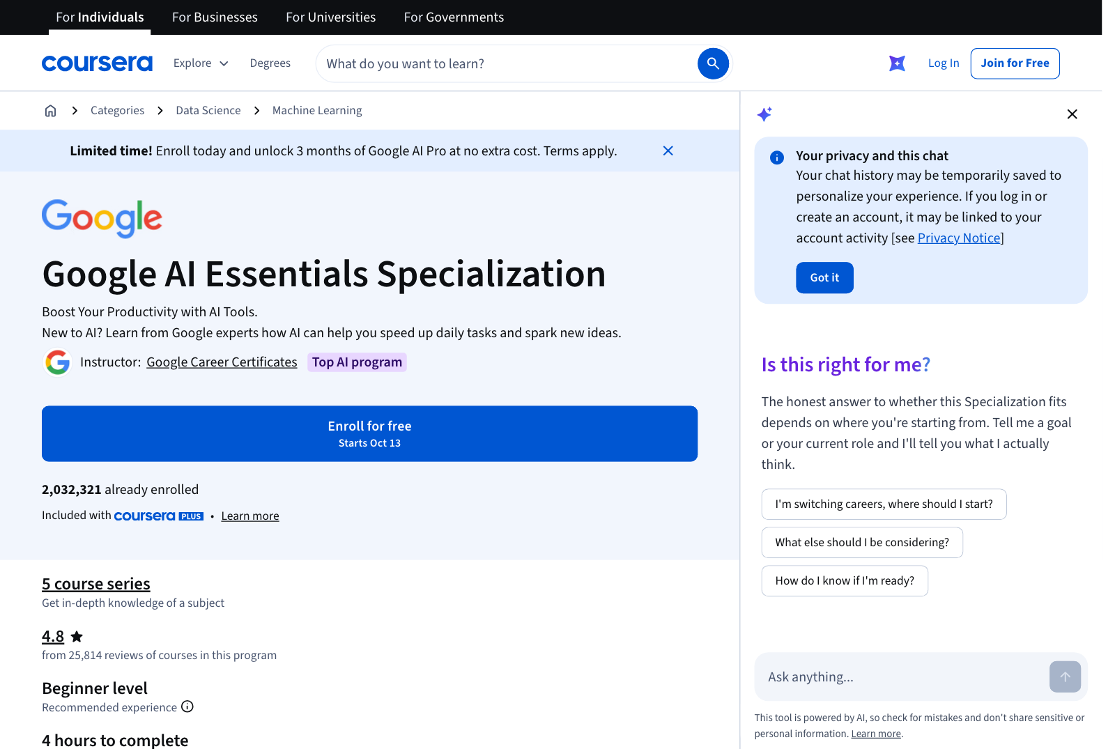 Trang Google AI Essentials trên Coursera ngày 13/10/2026 với nút Enroll for free, nhãn Beginner level và 4 hours to complete