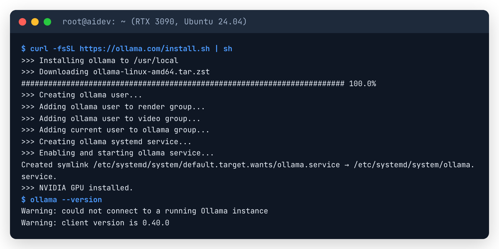 Kết quả cài Ollama 0.40.0 bằng script chính thức trên máy RTX 3090, Ubuntu 24.04