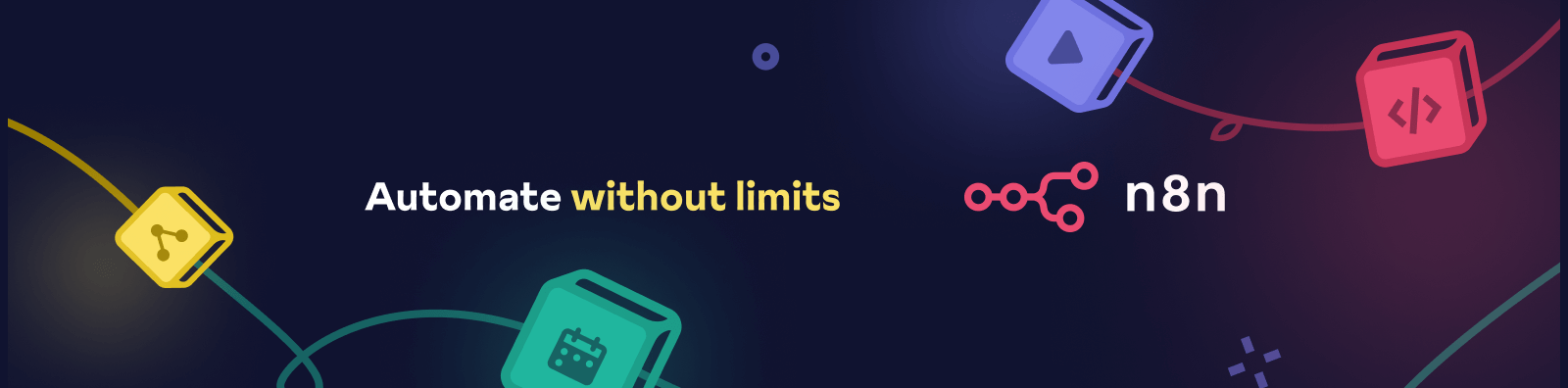 Banner chính thức của n8n trong README trên GitHub: logo n8n màu hồng và khẩu hiệu Automate without limits