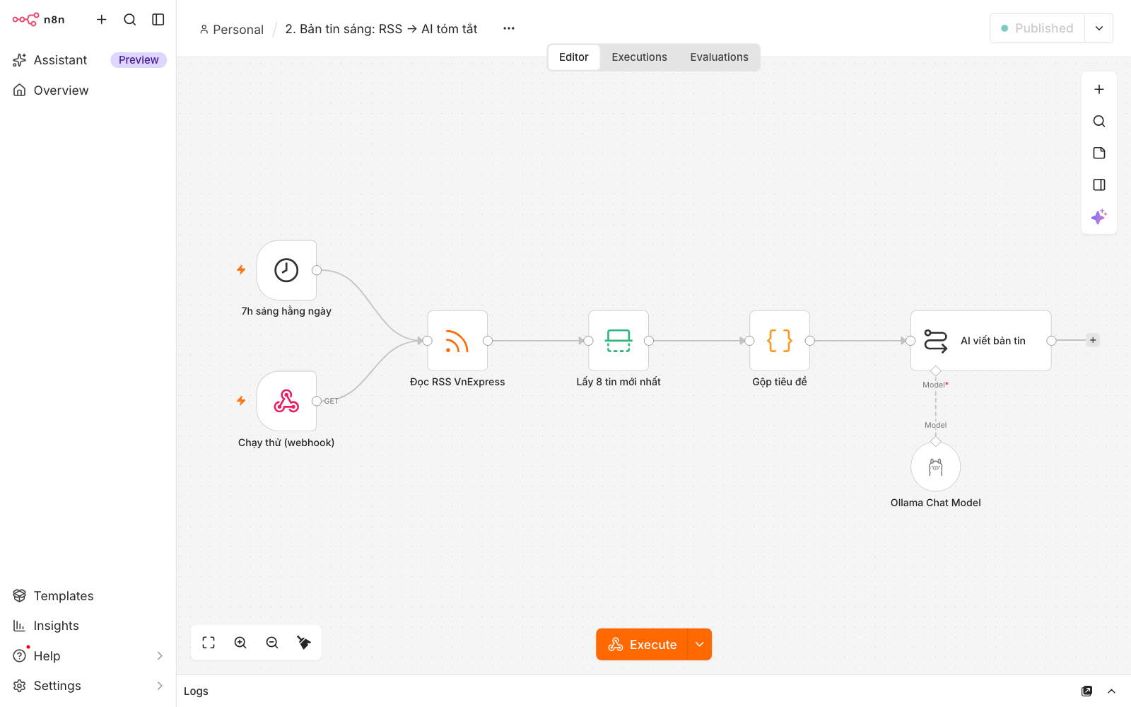 Canvas template bản tin sáng trong n8n: hai trigger 7h sáng và webhook, đọc RSS VnExpress, lấy 8 tin, gộp tiêu đề, AI viết bản tin nối với Ollama Chat Model