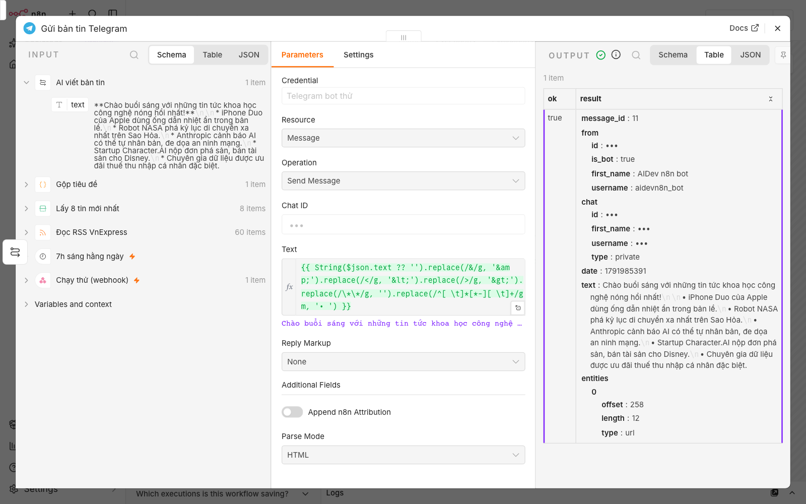 Node Gửi bản tin Telegram trong n8n: Parse Mode HTML, ô Text bỏ dấu sao, đầu ra ok true kèm message_id và nội dung bản tin, chat_id đã che