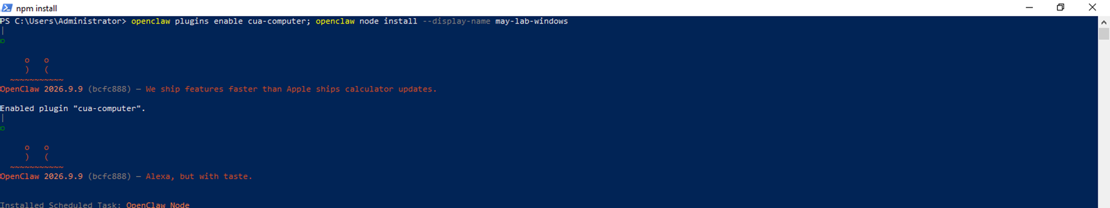 Lệnh plugins enable cua-computer và node install, kết quả Installed Scheduled Task OpenClaw Node