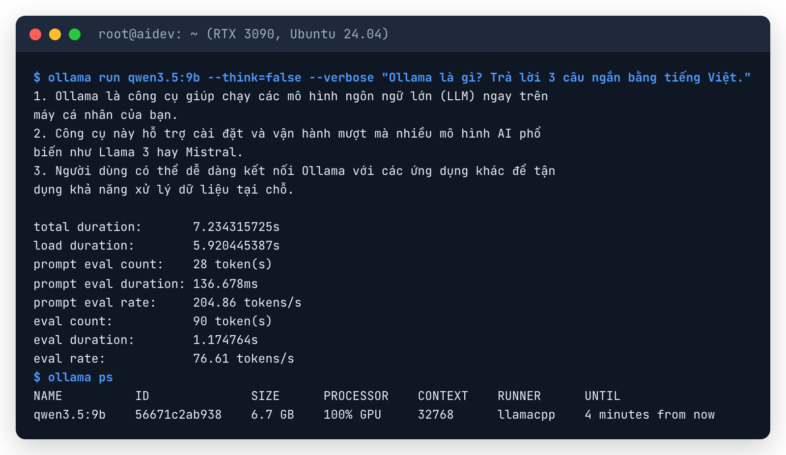 Chạy qwen3.5:9b bằng Ollama với --verbose: 76,61 token/giây, model chạy 100% trên GPU