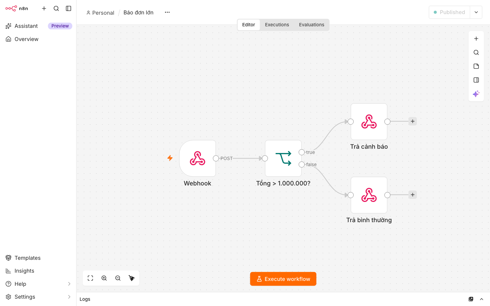 Workflow Báo đơn lớn do Claude Code dựng qua MCP: Webhook POST, node IF Tổng > 1.000.000?, hai nhánh Trả cảnh báo và Trả bình thường